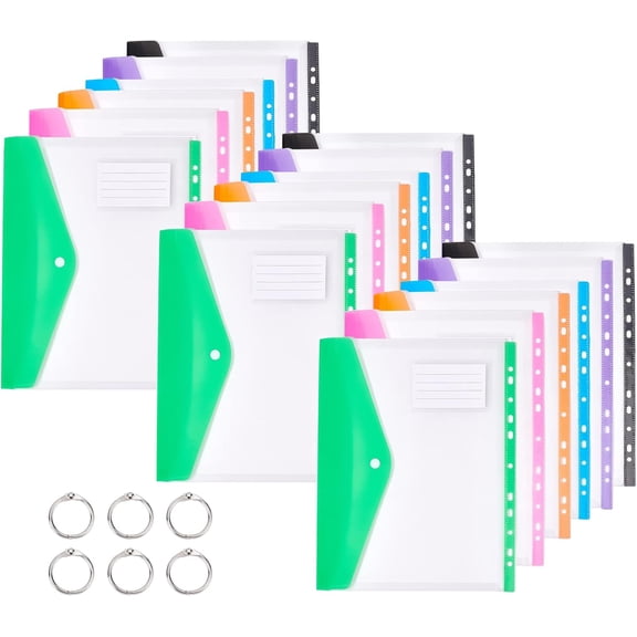 18PCS A4 Envelopes Binder Pocket 6 Colors Waterproof Document Wallets Organizing Files Pouch with Snap Button & Label Loose-Leaf Transparent for School Home Office (31×24.5cm)Mixed Color