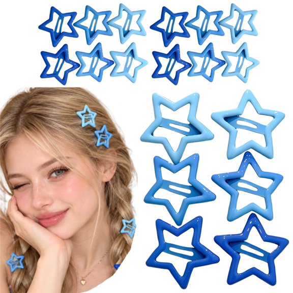 18PCS Blue Hollow Star Hair Clips Set, Glossy Plastic Star Shape Barrettes, Cute Y2K Hollow Star Hair Snap Clips, Aesthetic Hair Accessories for Daily Hairstyle Decor and Party