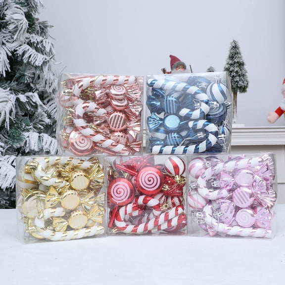 18PCS Blue and White Christmas Candy Ornament Set, Shatterproof Decorative Hanging Baubles with Striped Designs, Holiday Tree Decoration Gift Box Set for Home Party Décor 2025 Trend