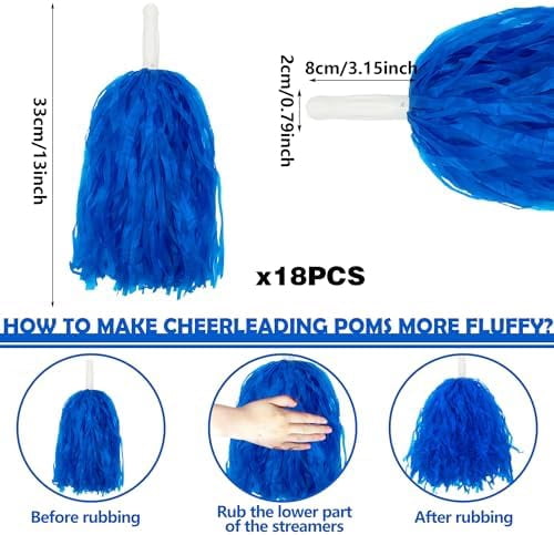 18PCS Cheerleading Pom Poms Plastic Cheerleader Pom Poms for Sports Squads Dancing Party Football Basketball Spirit Sports Stage Performance Celebration (Blue)