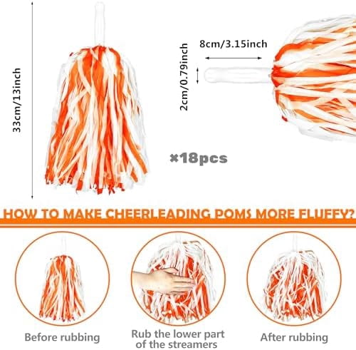 18PCS Cheerleading Pom Poms Plastic Cheerleader Pom Poms for Sports Squads Dancing Party Football Basketball Spirit Sports Stage Performance Celebration (Orange and White)