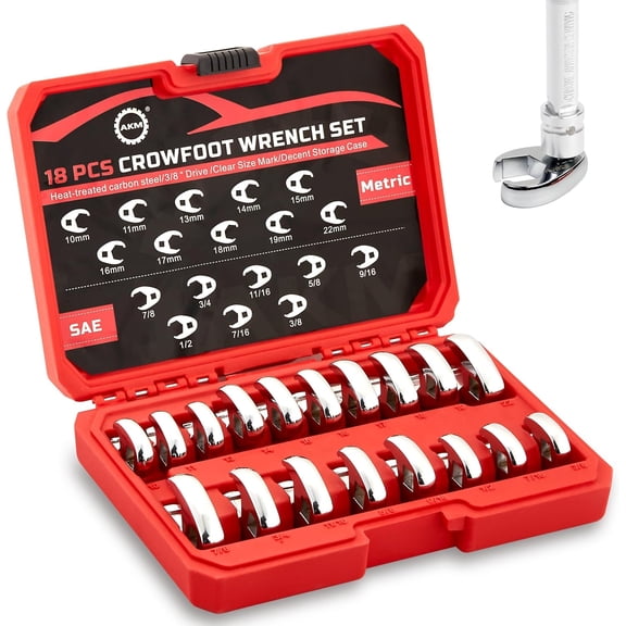 18PCS Crows Foot Wrench Set, 3/8" Drive Flare Nut Crowfoot Set, 6 Point Crows Feet Wrenches, Metric 10-22mm & SAE 3/8"-7/8" with Organizer Box, Cr-v Steel, Fully Polished Clear Mark