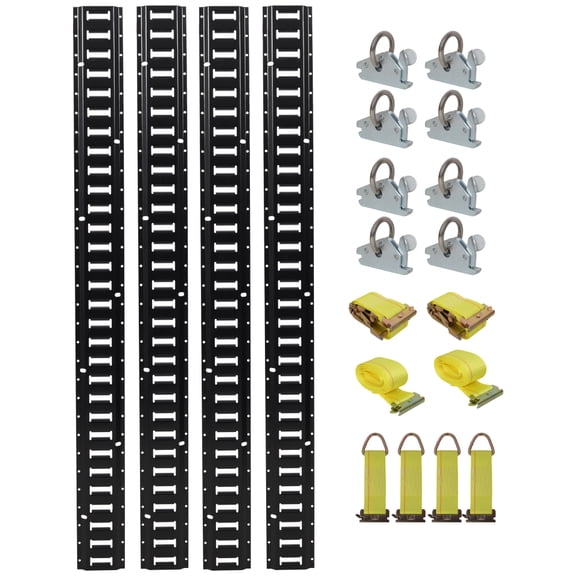 18PCS E Track Tie-Down Rail Kit, 4 Pack 5ft Steel E-Track Rails with 8 O-Ring Anchors, 4 Rope Tie Offs & 2 Ratchet Straps, Cargo Securing System for Trailer Van Garage, Black