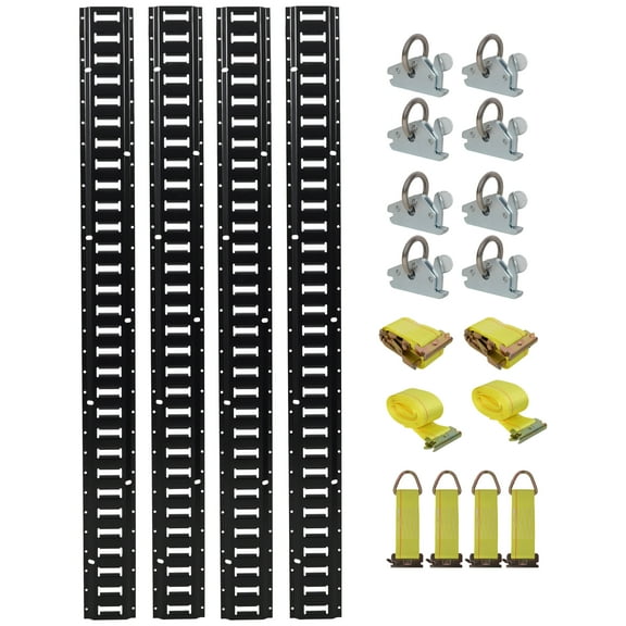18PCS E Track Tie-Down Rail Kit, Trucks, Vans, Garages, Trailer Tie Down System,4 Pack 5ft Horizontal E-Track , 8 Pack Steel O-Ring Anchors,4 Pack Rope Tie Offs, 2 Pack Ratchet Straps,