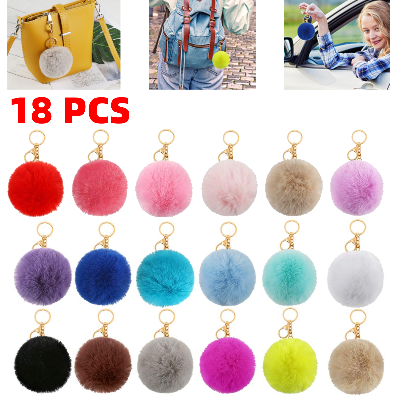 18PCS Keychains with 8cm Faux Rabbit Fur Ball, Gold Key Rings Bulk For ...