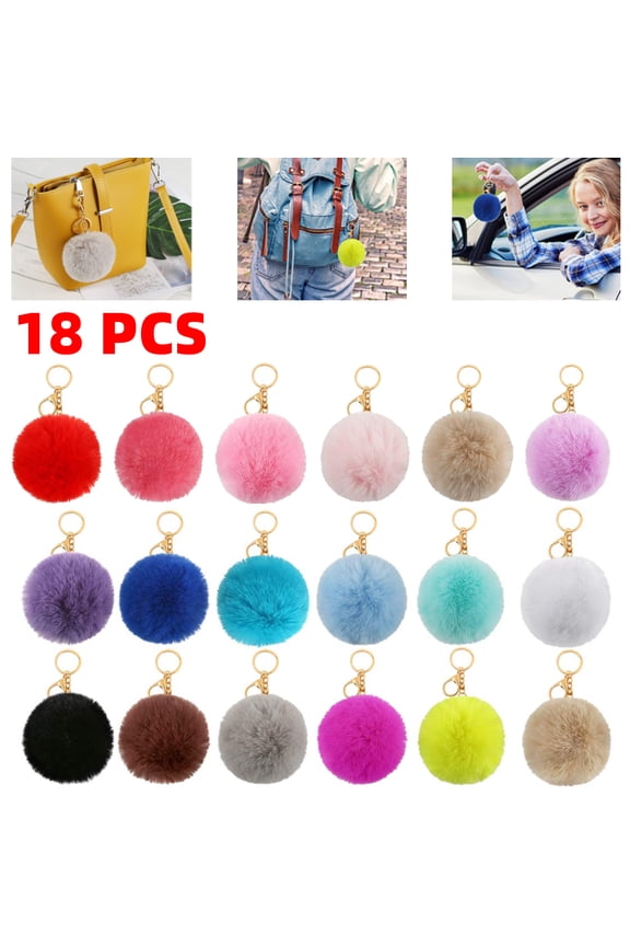 18PCS Keychains with 8cm Faux Rabbit Fur Ball, Gold Key Rings Bulk For Car Keys, Lightweight Fluffy Sports Bag Accessory, Decorative Keychain for Handbag, Backpack