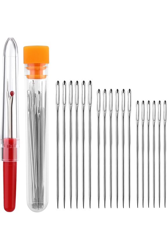 -18PCS Large Eye Needle for Sewing, 3 Size Sewing Needles, Sewing Sharp Needles, Stainless Steel Yarn Knitting Big Eye Sewing Needles with Seam Ripper, 3.3in Plastic Bottle