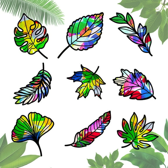 18PCS Leaves Stained Glass Effect Paper Maple Leaf Ginkgo Biloba Suncatcher Kit with 32PCS Cellophane Paper for Window Classroom Party Decoration