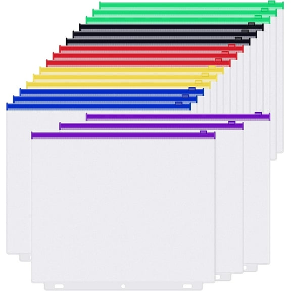 18PCS Letter Size Binder Pockets for 3 Ring Binder, 3 Holes Zipper Binder Pouch Insert Pages Sheet Protectors Loose Leaf Bags Waterproof PVC Document Folders Filling Bags, 6 Colors Zipper