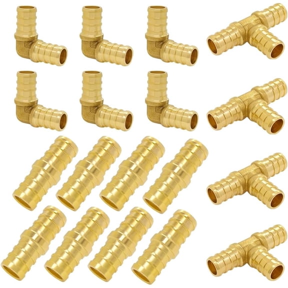 18PCS PEX Fittings Combo 1/2 inch, PEX Coupling (8PCS) 90 Degree Elbow (6PCS) Tee (4PCS) Brass Barb Crimp Fitting