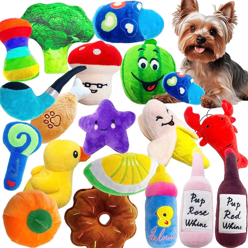 18PCS Random Pet Dog Toys Plush Chew Toy Soft Banana Bone Vegetable Fruit Squeaky Puppy Training Interactive Toy Bite-Resistant Pet Supplies