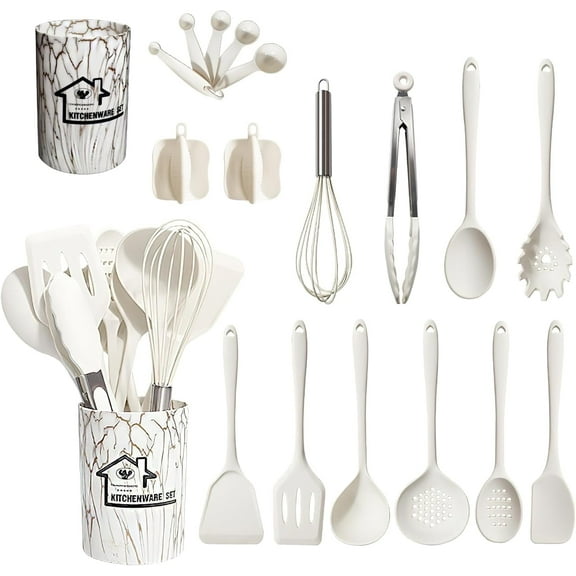 18PCS Silicone Cooking Utensils Set - 446°F Heat Resistant Kitchen Utensils,Turner Tongs,Spatula,Spoon,Brush,Whisk,Kitchen Utensil Gadgets Tools Set for Nonstick Cookware,Dishwasher Safe - White