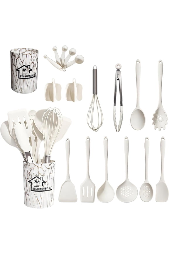 18PCS Silicone Cooking Utensils Set - 446°F Heat Resistant Kitchen Utensils,Turner Tongs,Spatula,Spoon,Brush,Whisk,Kitchen Utensil Gadgets Tools Set for Nonstick Cookware,Dishwasher Safe - White