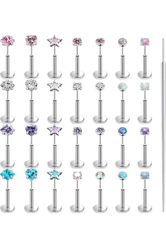 18PCS Threadless Nose Rings Studs for Women Men 20G 18G 16G Hypoallergenic Surgical Stainless Steel Labret Lip Rings CZ Opal Push in Earrings Flat Back Nose Stud Cartilage Nostril Conch Helix Tragus