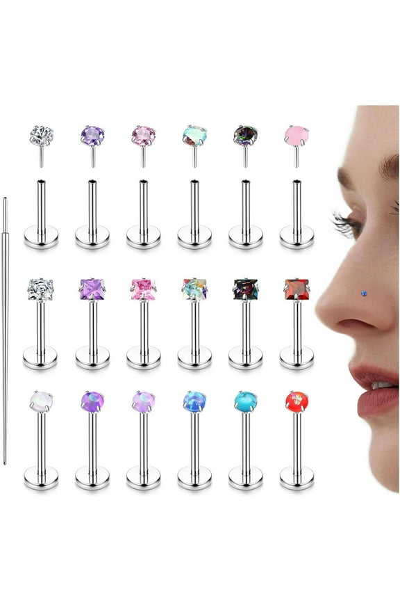 18PCS Threadless Nose Rings Studs for Women Men 20G 18G 16G Hypoallergenic Surgical Stainless Steel Labret Lip Rings CZ Opal Push in Earrings Flat Back Nose Stud Cartilage Nostril Conch Helix Tragus