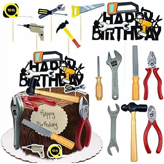 18PCS Tools Cake Topper Tools Cake Decorations Toolbox Wrench Hammer Mechanic Drill Plier Handsaw Tape Measure Screwdrivers Themed Happy Birthday Party Decor