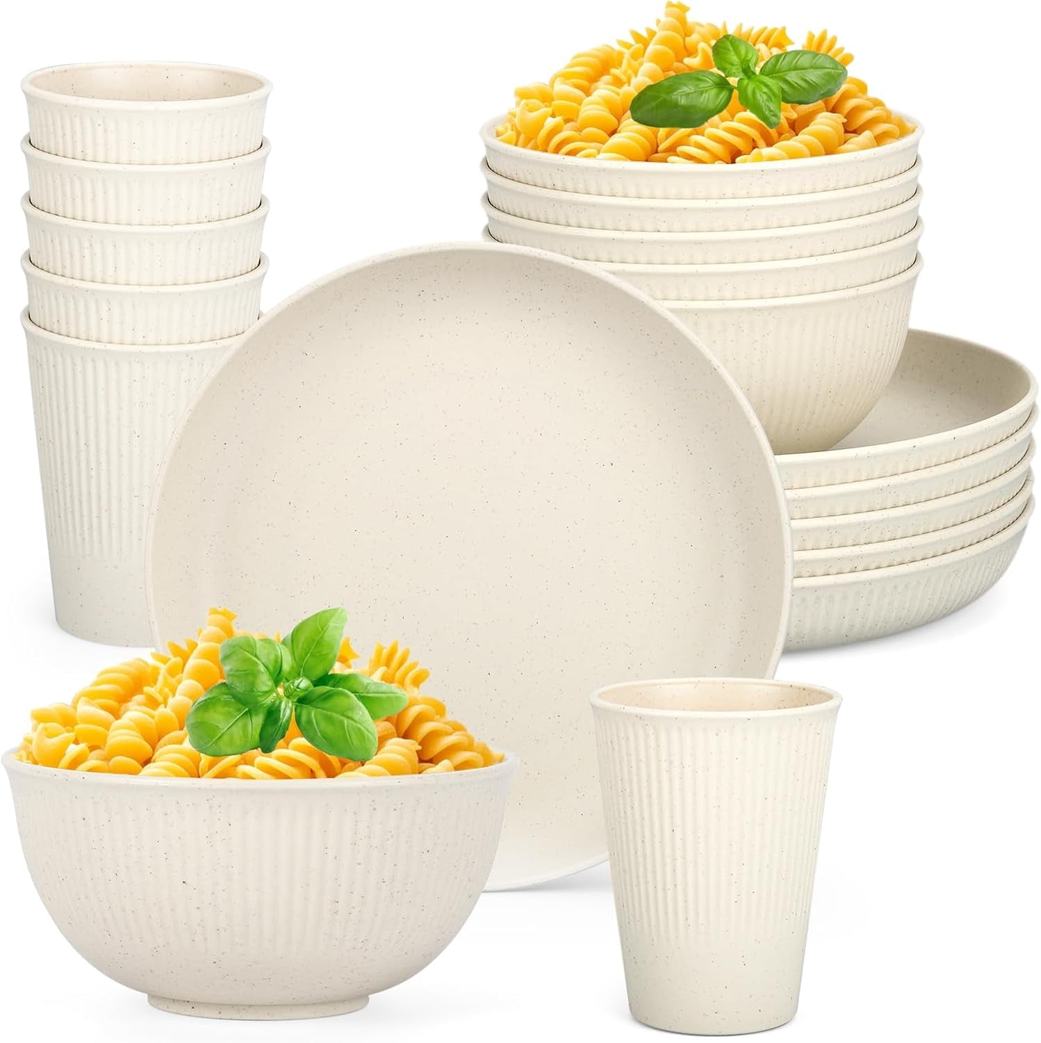 18PCS Wheat Straw Dinnerware Sets - FASDUNT Unbreakable Premium Plastic Dinnerware Sets for 6, Reusable Cups Plates and Bowls Sets for Kitchen Travel Camping (Beige)