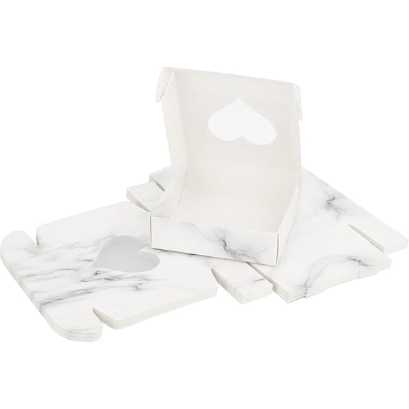 18PCS White Gift Box 10cm(4”) Folded Kraft Paper Favor Boxes Marble Texture Pattern with Heart Window Cardboard Jewelry Boxes for Anniversaries Weddings Birthdays DIY