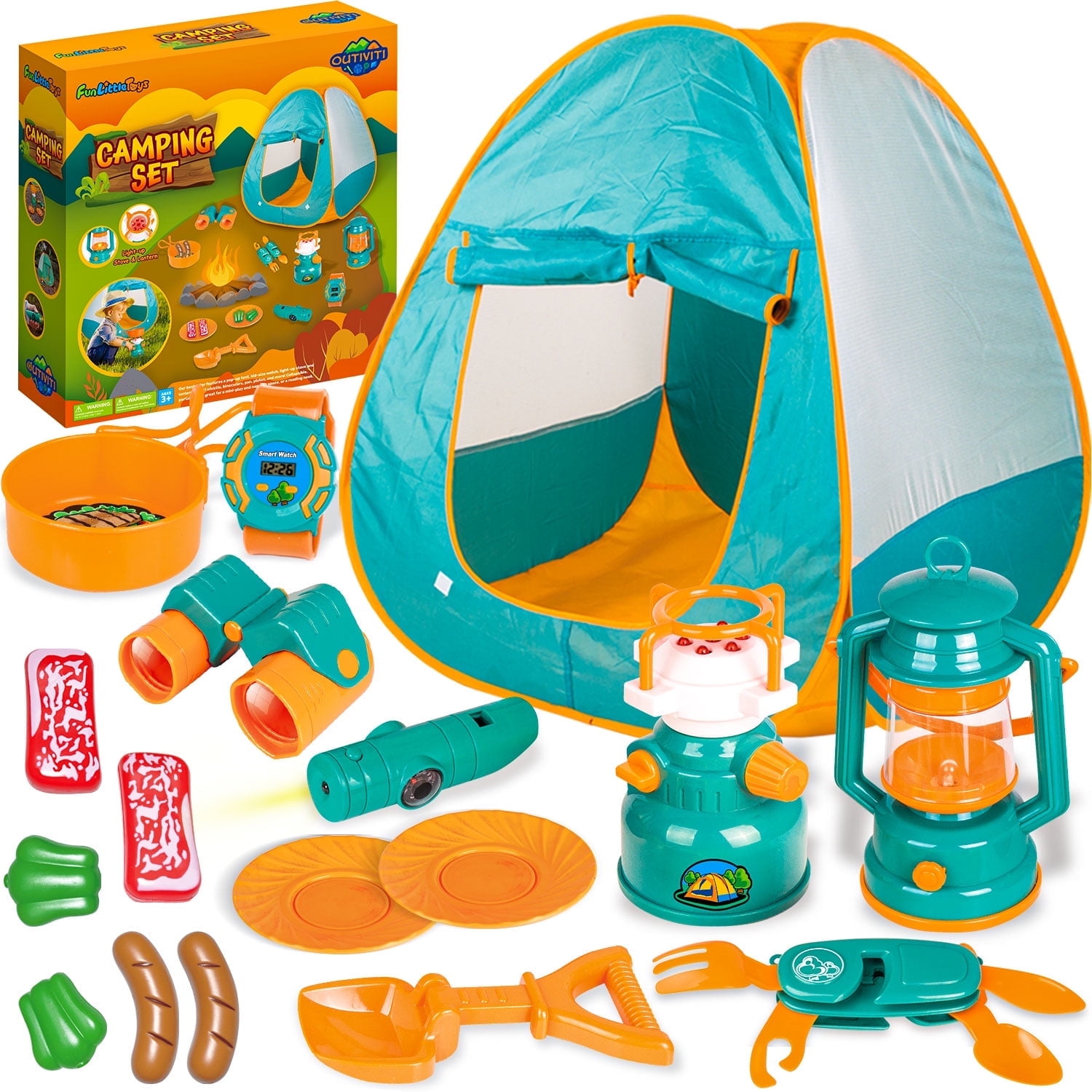 Green Pop-Up Kids Camping Tent with Tools and Food Set