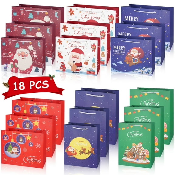 18Pack Christmas Gift Bags, Mixed Christmas Paper Bags, Various Sizes, for Wrapping Christmas Gifts