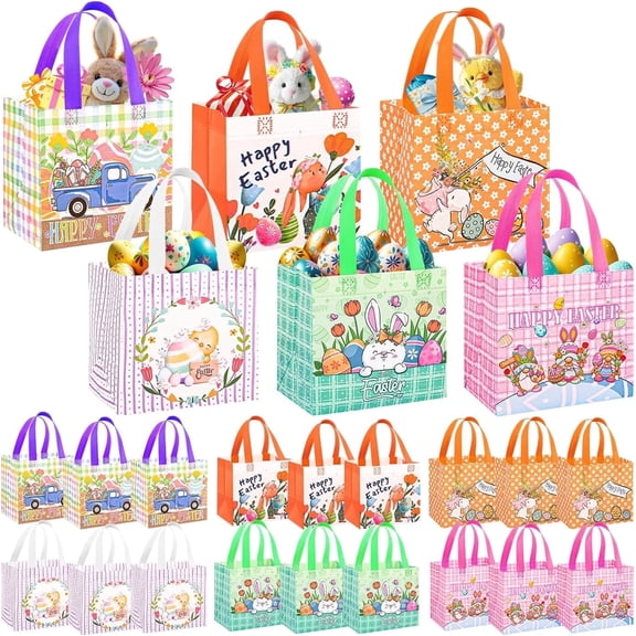 18 pack Easter Bags with Handle,8.3×7.9×6 Inch Easter Gift Bags Bulk, Egg Hunt Baskets for Kids