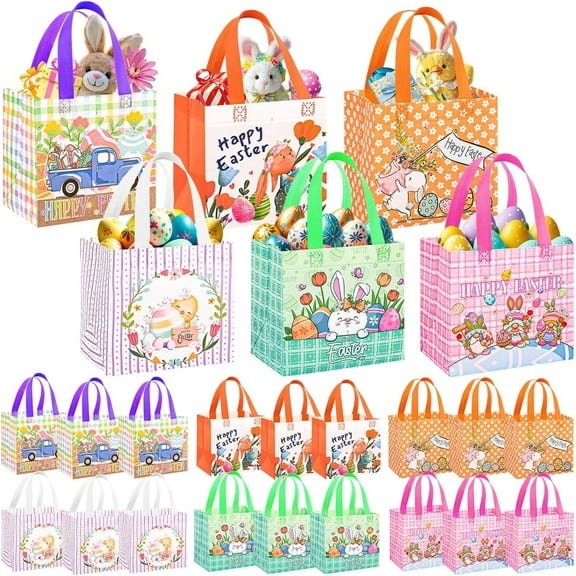18 Pack Easter Bags with Handle,8.3×7.9×6inch Large Easter Gift Bags, Waterproof Reusable Egg hunt Baskets for Kids