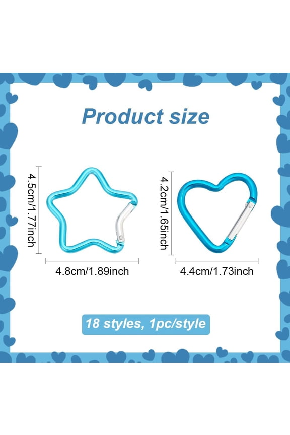 18PcS Heart Star Carabiner ClipSet Cute Aluminum Alloy Rock Carabiners 18 Styles Key Clasps for Outdoor Accessories Hiking Traveling Heart Shaped Gift 2 Inch