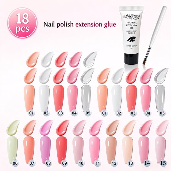 18Pcs 15 Colors Poly Nail Extension Builder Gel Kit, Nude Pink Tones, Salon Grade DIY Manicure Set for Women, Beginner & Professional Nail Art Holiday Gift