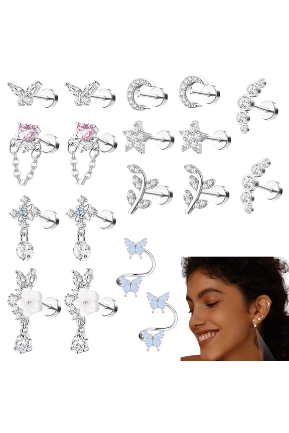 18Pcs 16G Cartilage Earrings Set - Hypoallergenic Stainless Steel Flat Back Studs, CZ & Dainty Designs for Helix, Tragus, Everyday Layered Stacking