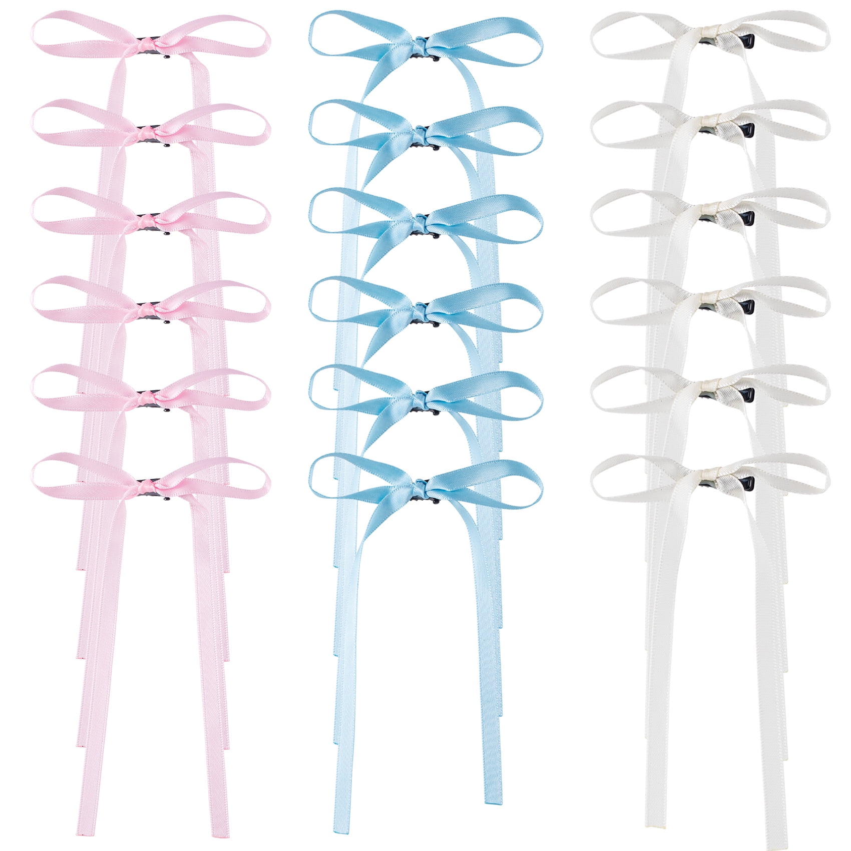 PATOPS 18Pcs 3.93inch Pink Bow Hair Clips White Blue Bows Barrettes with Long Ribbon for Grils