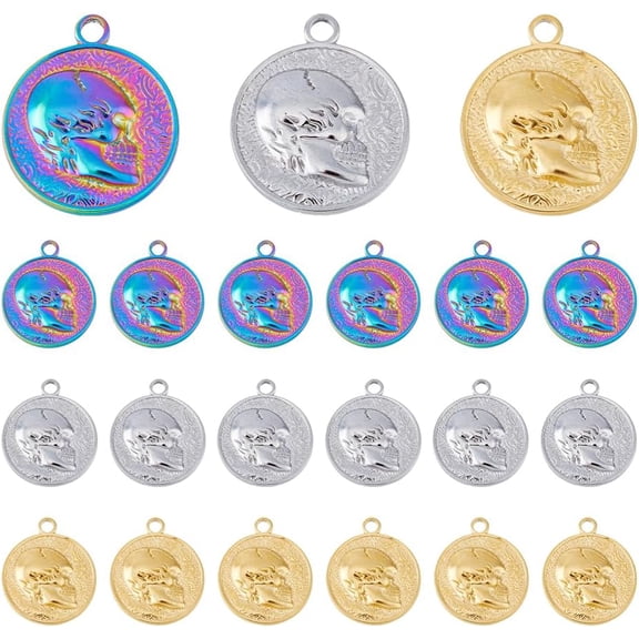18Pcs 3 Colors 201 Stainless Steel Pendants Flat Round with Skull Mixed Color 23.5x20x3mm Hole: 2.5mm 6pcs/color