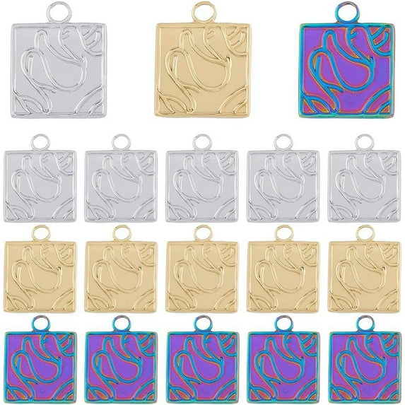 18Pcs 3 Colors 201 Stainless Steel Pendants Square Mixed Color 19x15x1.5mm Hole: 2.5mm 6pcs/color