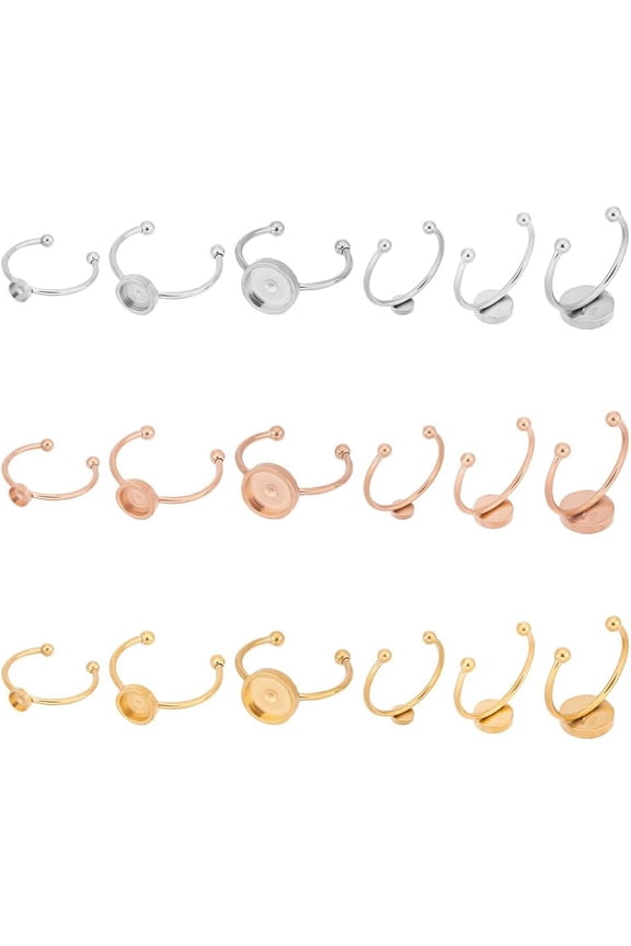 18Pcs 3 Colors 3 Sizes Blank Rings Base Finger Rings 4/6/8mm Stainless Steel Pad Ring Base Flat Round Blank Ring Settings Base Cabochon Base Bezel Tray DIY for Jewelry Making Supplies