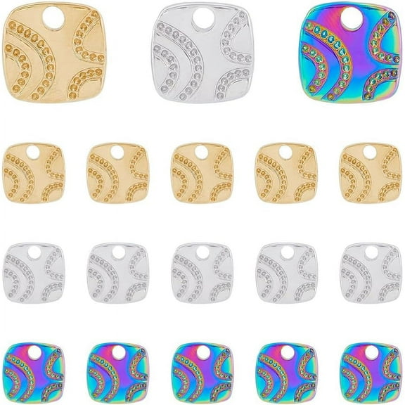 18Pcs 3 Colors 304 Stainless Steel Pendant Rhinestone Settings Square Mixed Color Fit For 0.7mm Rhinestone 14x14x2mm Hole: 2.5mm 6pcs/color