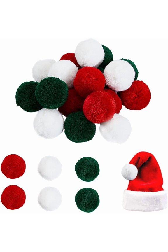 18Pcs 3 Colors Christmas Pom Pom Balls Red White Green Cute Hanging Felt String Banner Garland Ornament Pompoms for Easter Xmas Holiday Home Wedding Birthday Party Decor DIY Crafts Supplies for DIY