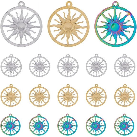 18Pcs 3 Colors Flat Round with Sun Charms Ring with Sun Charms Ion Plating Sun Themed Charms Stainless Steel Celestial Pendants