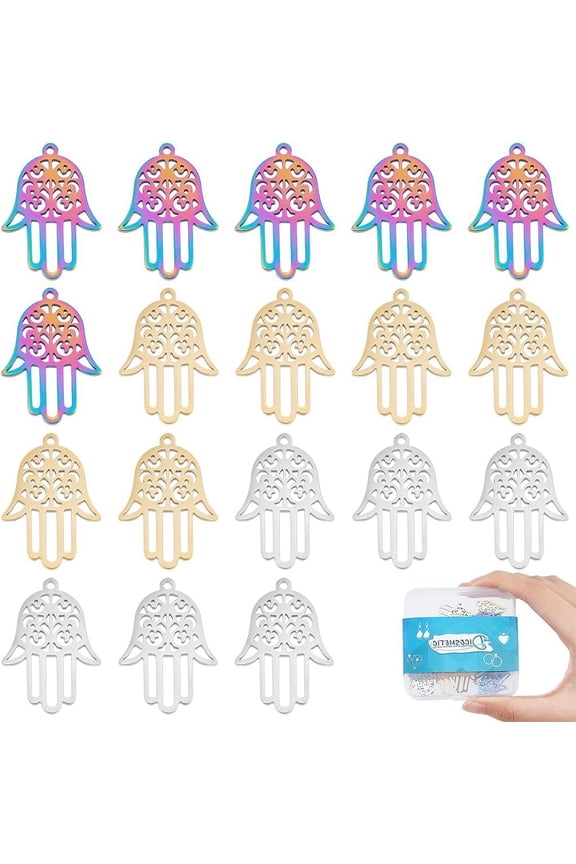 18Pcs 3 Colors Hamsa Hand Charms Hollow Hand of Miriam Pendants Hamsa Hand with Flower Charms Golden and Rainbow Color Stainless Steel Pendants for Jewelry Making Hole: 1.4mm Mixed Color