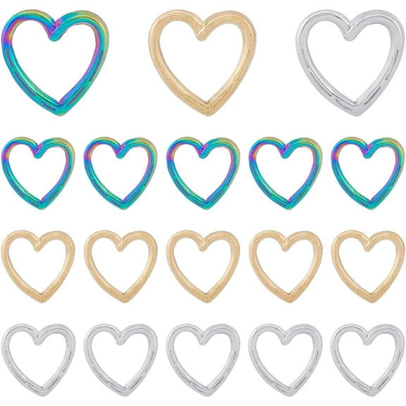 18Pcs 3 Colors Heart Linking Rings Hollow Heart Connector Golden and Rainbow Color Textured Heart Pendants Stainless Steel Heart Rings for Jewelry Making 12.5x12mm
