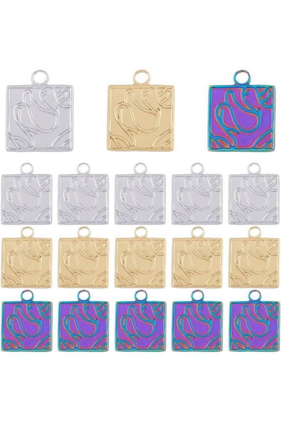 18Pcs 3 Colors Square Pendants Small Squre with Texture Charms Geometric Charms Golden/Rainbow and Stainless Steel Charms for DIY Crafts Jewelry Making Hole: 2.5mm Mixed Color