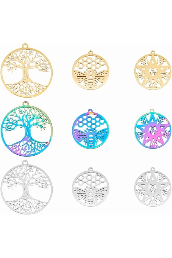 18Pcs 3 Style 3 Color Tree of life Pendant 304 Stainless Steel Pendant Hollow Necklace Charm Flat Round Bracelet Charm with Bee and Star for DIY Jewelry Bookmark Birthday Gift