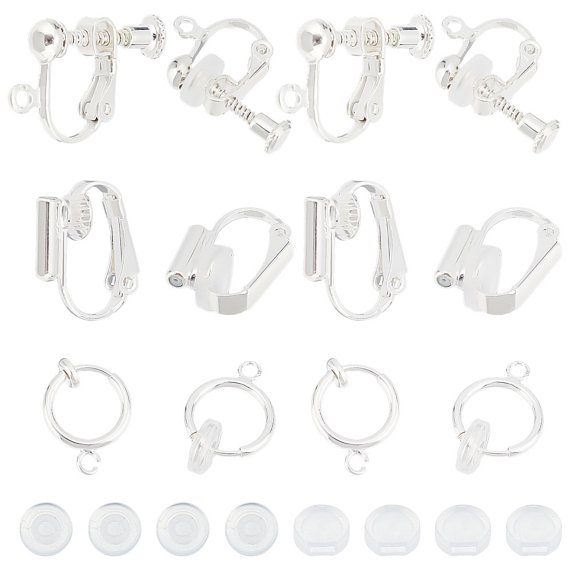 18Pcs 3 Style Brass Clip-on Earring Findings with 20Pcs Plastic Pads Silver 6Pcs style