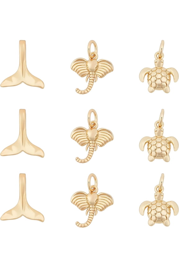 18Pcs 3 Styles Real 20K Gold Plated Sea Turtle Elephant Whale Fishtail Shape Charms Long Lasting Plated Brass Pendants for Necklace Bracelets Jewelry Making Handmade Crafts Making Golden