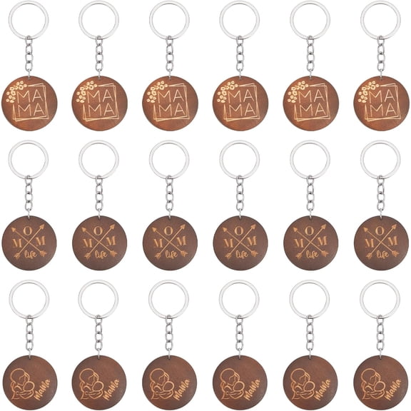 18Pcs 3styles Moms- Engraved Wood Key Chain Engraved Wooden Flat Round Pendant Keychains with Iron Finding Key Chain Accessory for Mother’s Day Gift Coconut Brown for DIY