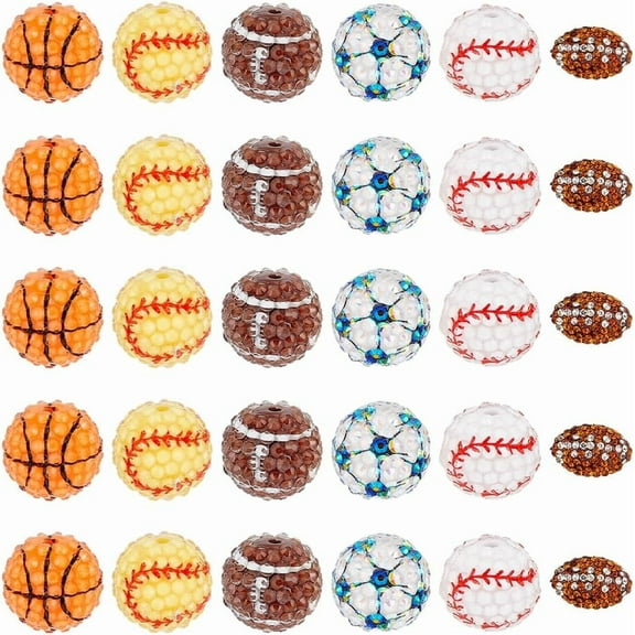 18Pcs 6 Styles Sports Rhinestone Beads 20mm Disco Ball Clay Charms Resin Round Basketball Football Baseball Rugby Bubblegum Chunky Bead for Beadable Pens Jewelry Making Bracelet Keychain for DIY