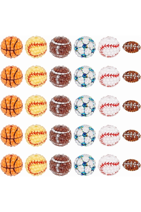 18Pcs 6 Styles Sports Rhinestone Beads 20mm Disco Ball Clay Charms Resin Round Basketball Football Baseball Rugby Bubblegum Chunky Bead