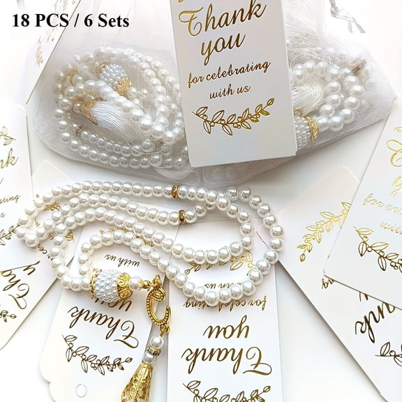 18Pcs 6Sets Glass Pearl Prayer Beads Set 99 Beads Misbaha Tasbih with Organza Bags and Gift Cards Islamic Religious Gift Set for Eid Ramadan Wedding Celebration