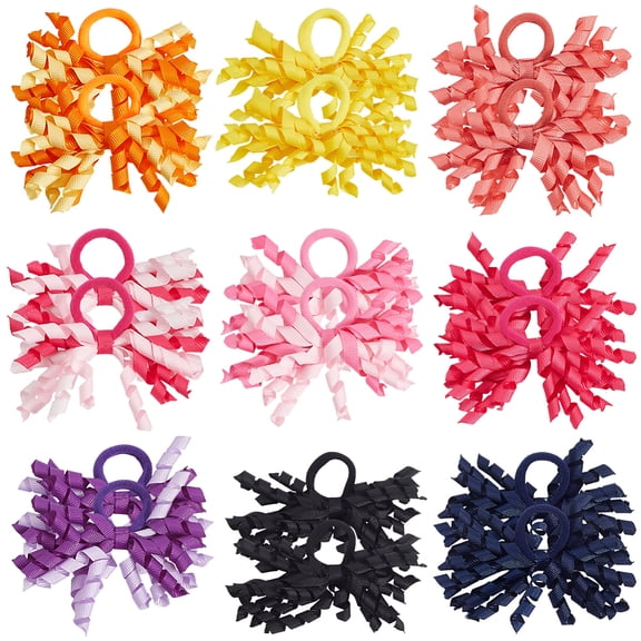 18Pcs 9 Colors Curly Ribbon Hair Bows Clip Boutique Hair Ties Rainbow Colorful Polyester Korker Bowknot Elastic Curly Ponytail Holder Accessories DIY
