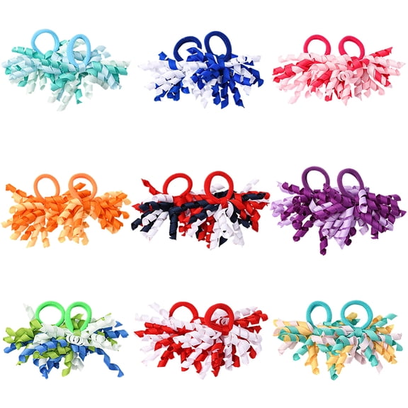 18Pcs 9 Colors Curly Ribbons Hair Ties Hair Ribbons DIY Bows Rainbow Korker Elastic Polyester Bowknot Boutique Curly Ponytail Holder Accessories