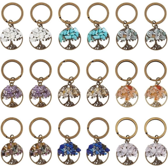18Pcs 9 Colors Tree of Life Keychain Gemstone Keychain Natural Stone Flat Round Handmade Keyring Charm with Alloy Split Key Rings for DIY Lucky Bag Charms Keyring Bronze