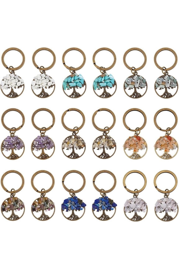 18Pcs 9 Colors Tree of Life Keychain Gemstone Keychain Natural Stone Flat Round Handmade Keyring Charm with Alloy Split Key Rings for DIY Lucky Bag Charms Keyring for DIY